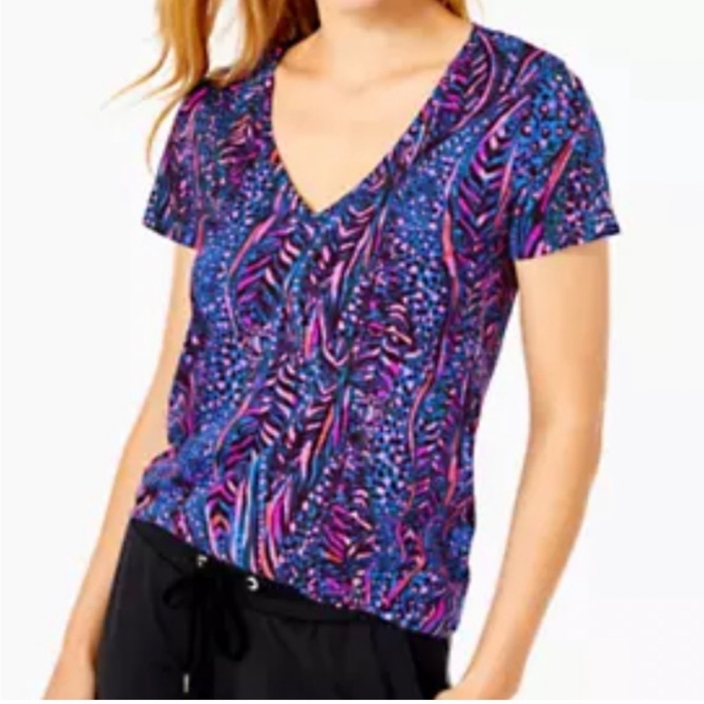 Lilly Pulitzer Blue Flare Always Pawsitive Etta V-Neck Short Sleeve Top Size XS